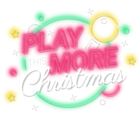 Play More This Christmas. Neon graphic displaying text in a green circle surrounded by shapes and featuring a joystick.