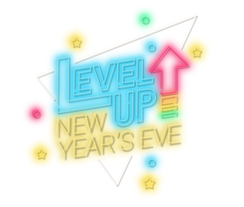 Level Up. New Year’s Eve. Neon graphic displaying text and multi-coloured arrow pointing upwards.